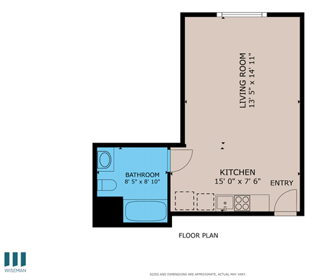 Floor plan for studio, 1 bath, 500 sqft